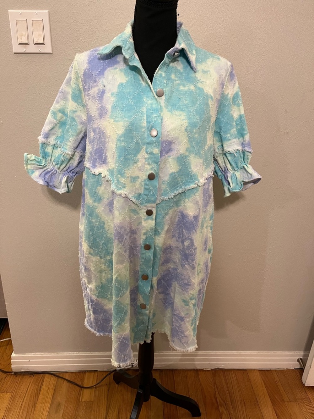 Fantastic Fawn Button Down Mini Pastel Tie Dye Western Shirt Dress NWT Size S